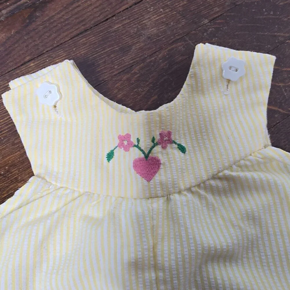 Vintage 80s 90s Pastel Yellow Striped Pink Heart Embroidery Baby Overalls